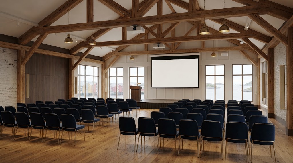 Seilloftet conference hall in the former sail loft: rows of navy chairs facing a projection screen and lectern under timber trusses, with harbour views through tall windows