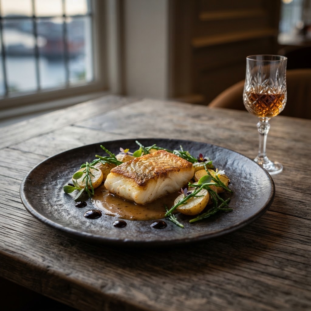 Signature dish at Brygga: pan-roasted cod with new potatoes, sea herbs and a glossy sauce on a dark stoneware plate, served with a crystal glass of Madeira