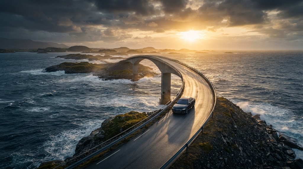 A car crossing the curved Storseisundet bridge on the Atlantic Ocean Road at sunset, with waves breaking on the rocks below
