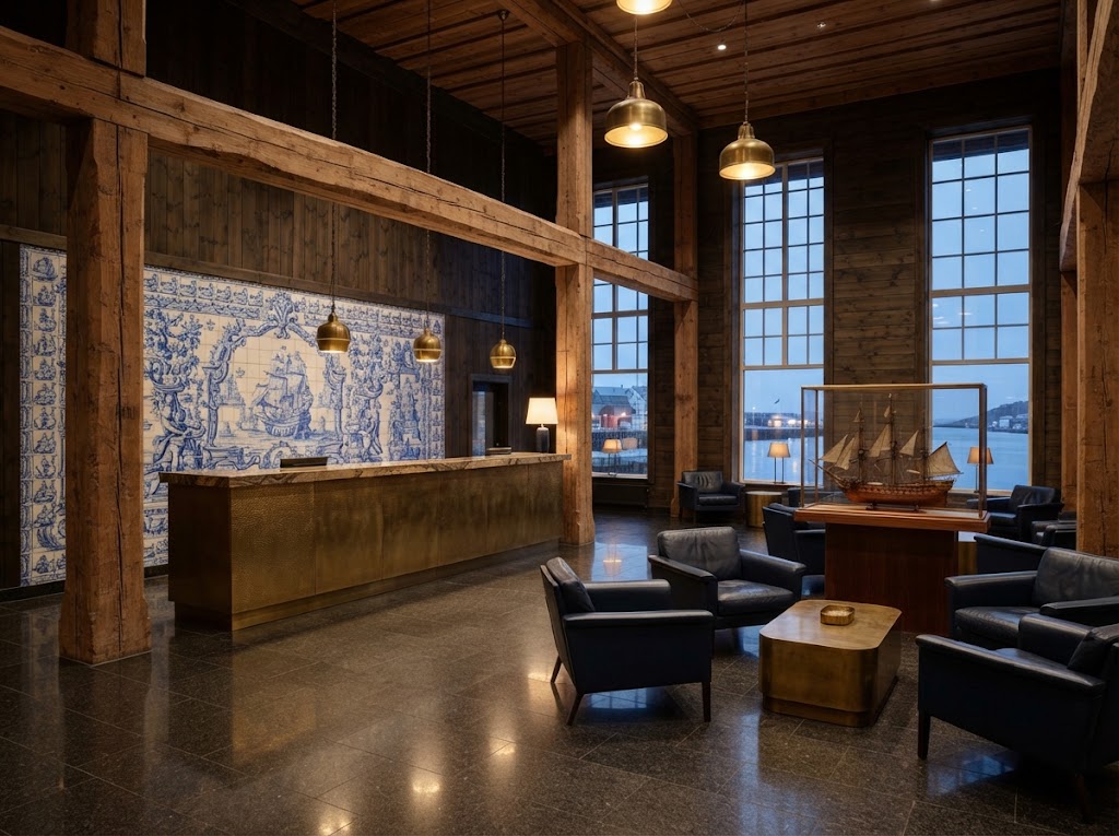 Heritage lobby of the boutique hotel: a blue-and-white azulejo mural of a sailing ship, brass reception desk, original timber beams and a model schooner by tall harbour-view windows