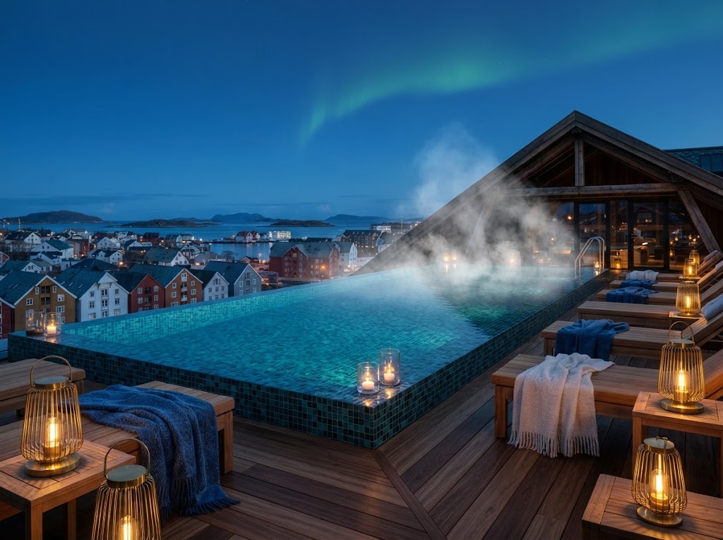 Rooftop pool in Norway at night: a steaming heated infinity pool above the coloured houses of Kristiansund under green northern lights, with lanterns and wool blankets on teak loungers