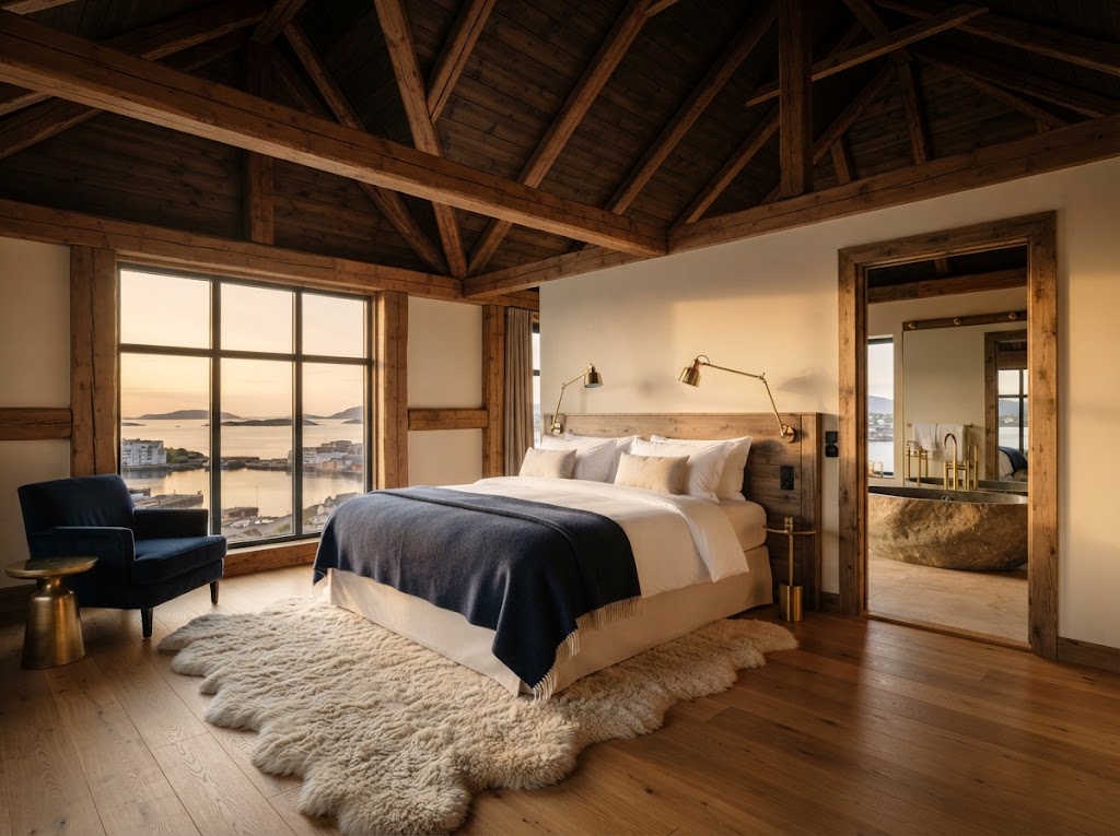 Fjord Suite in a luxury hotel in Norway: exposed roof trusses, a large window over the harbour and islands at sunset, a sheepskin rug and a freestanding stone bath beyond the door
