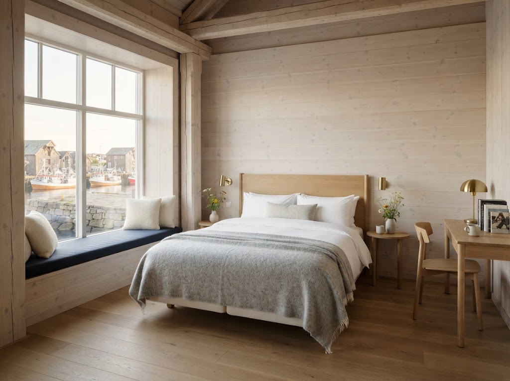 Harbour Room at Madeirabrygga hotel in Kristiansund: pale pine walls, a double bed with grey wool throw and a navy window seat overlooking fishing boats on the quay